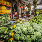 Prodavači čerstvé zeleniny na venkovském trhu